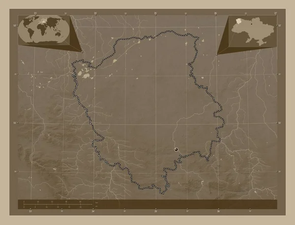 Волынь Область Украины Карта Высоты Окрашенная Сепиевые Тона Озерами Реками — стоковое фото