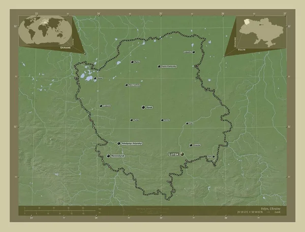 Volyn 乌克兰地区 用Wiki风格绘制的带有湖泊和河流的高程地图 该区域主要城市的地点和名称 角辅助位置图 — 图库照片