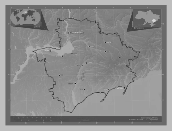 Zaporoże Obwód Ukraiński Mapa Wzniesień Skali Szarości Jeziorami Rzekami Lokalizacje — Zdjęcie stockowe