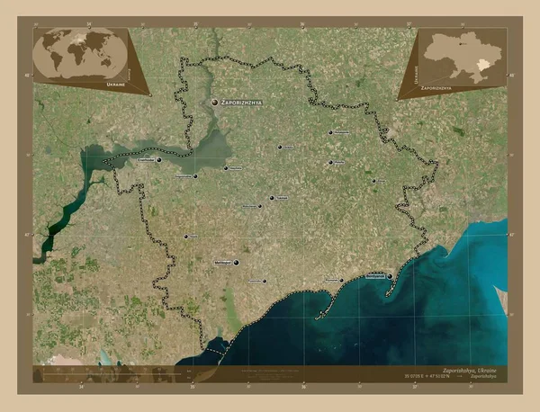 Zaporizhzhya 乌克兰地区 低分辨率卫星地图 该区域主要城市的地点和名称 角辅助位置图 — 图库照片