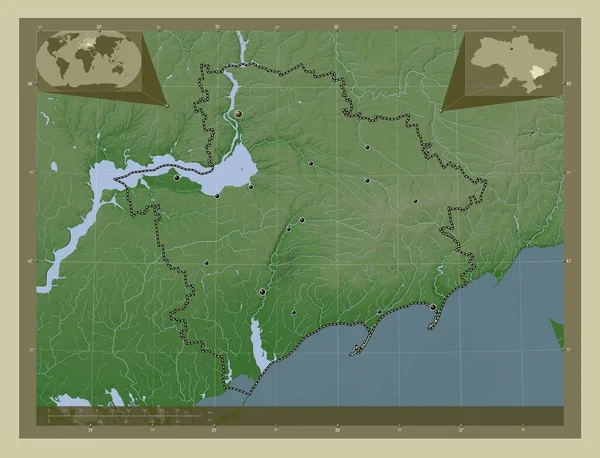 Zaporizhzhya 乌克兰地区 用Wiki风格绘制的带有湖泊和河流的高程地图 该区域主要城市的所在地点 角辅助位置图 — 图库照片