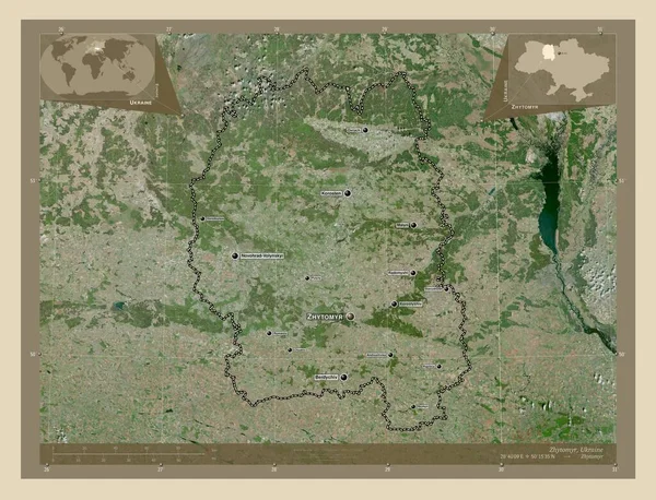 Zhytomyr Region Der Ukraine Hochauflösende Satellitenkarte Orte Und Namen Der — Stockfoto