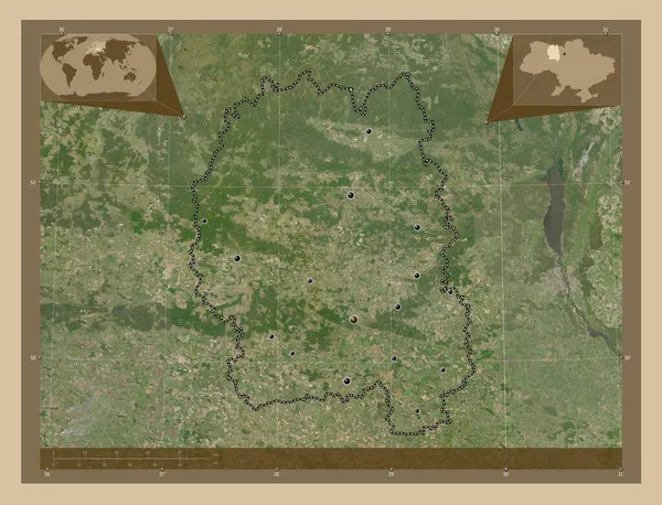 Zhytomyr 乌克兰地区 低分辨率卫星地图 该区域主要城市的所在地点 角辅助位置图 — 图库照片