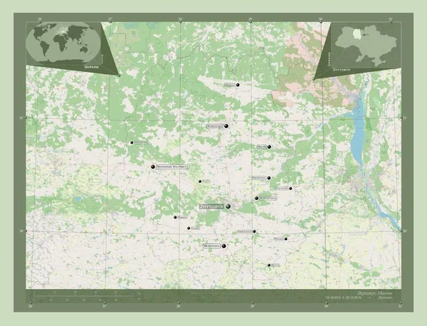 ウクライナの領域 ジトミル ストリートマップを開く 地域の主要都市の位置と名前 コーナー補助位置図 — ストック写真