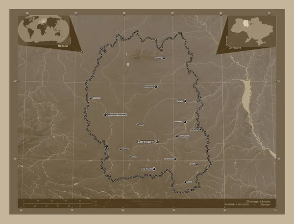 Житомир Область Украины Карта Высоты Окрашенная Сепиевые Тона Озерами Реками — стоковое фото