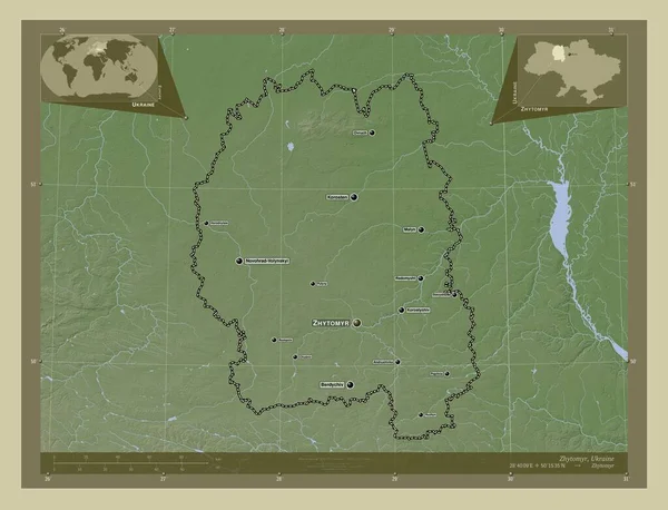 Zhytomyr 乌克兰地区 用Wiki风格绘制的带有湖泊和河流的高程地图 该区域主要城市的地点和名称 角辅助位置图 — 图库照片