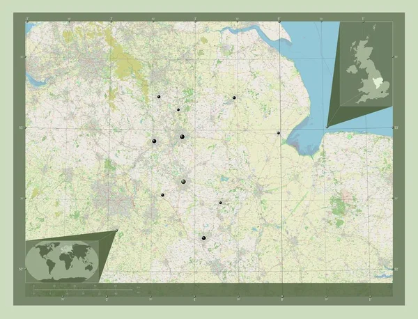 東ミッドランド イギリスの地域 ストリートマップを開く 地域の主要都市の場所 コーナー補助位置図 — ストック写真