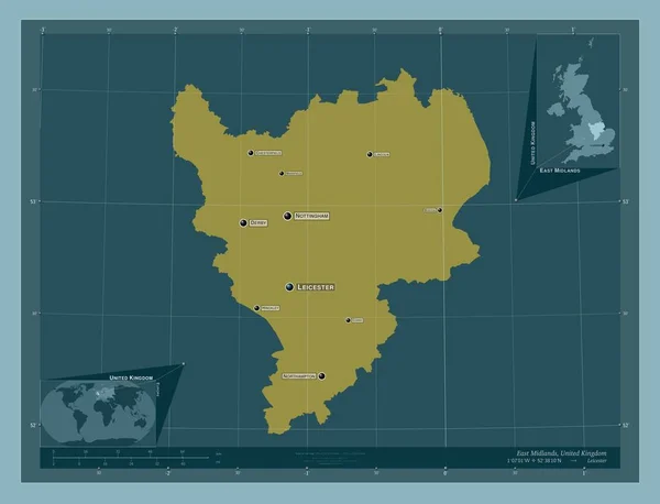 東ミッドランド イギリスの地域 しっかりした色の形 地域の主要都市の位置と名前 コーナー補助位置図 — ストック写真