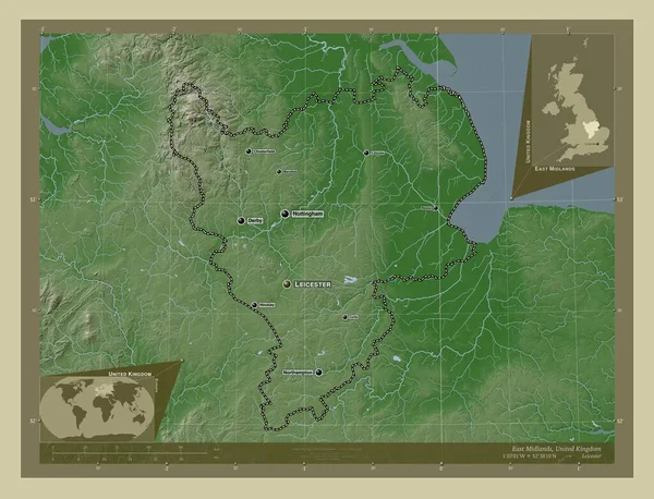 东米德兰 联合王国地区 用Wiki风格绘制的带有湖泊和河流的高程地图 该区域主要城市的地点和名称 角辅助位置图 — 图库照片