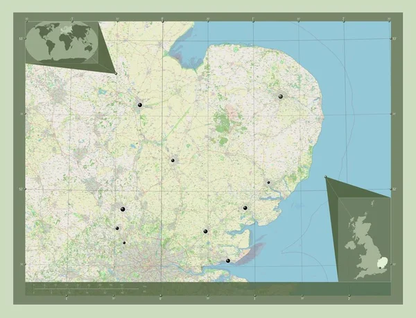 英格兰东部 英国的一个地区 开放街道地图 该区域主要城市的所在地点 角辅助位置图 — 图库照片