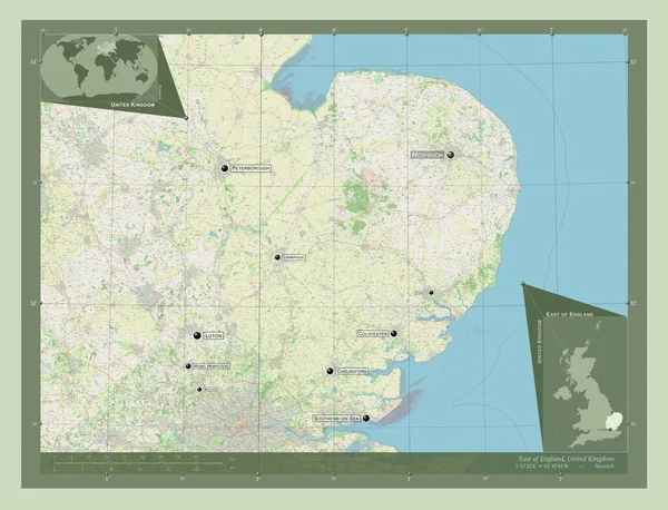 イギリスの東 イギリスの地域 ストリートマップを開く 地域の主要都市の位置と名前 コーナー補助位置図 — ストック写真