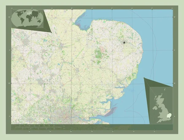 Ανατολική Αγγλία Περιφέρεια Ηνωμένου Βασιλείου Χάρτης Του Δρόμου Γωνιακοί Χάρτες — Φωτογραφία Αρχείου
