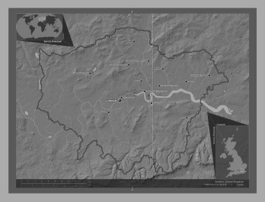 Londra, Birleşik Krallık bölgesi. Göllü ve nehirli çift katlı yükseklik haritası. Bölgenin büyük şehirlerinin yerleri ve isimleri. Köşedeki yedek konum haritaları