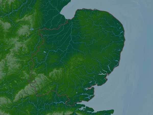 İngiltere 'nin doğusu, Birleşik Krallık bölgesi. Gölleri ve nehirleri olan renkli yükseklik haritası