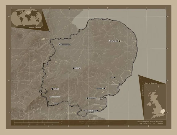 Восточная Англия Регион Соединенного Королевства Карта Высоты Окрашенная Сепиевые Тона — стоковое фото