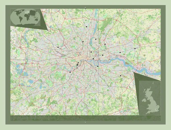 London Region United Kingdom 开放街道地图 该区域主要城市的所在地点 角辅助位置图 — 图库照片