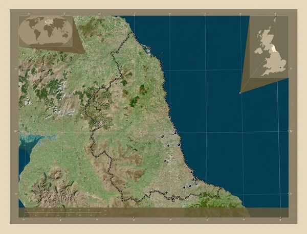 Północny Wschód Region Zjednoczonego Królestwa Mapa Satelity Wysokiej Rozdzielczości Lokalizacje — Zdjęcie stockowe