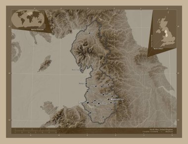 Kuzeybatı, Birleşik Krallık bölgesi. Yükseklik haritası sepya tonlarında göller ve nehirlerle renklendirilmiş. Bölgenin büyük şehirlerinin yerleri ve isimleri. Köşedeki yedek konum haritaları