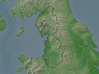 Kuzeybatı, Birleşik Krallık bölgesi. Yükseklik haritası göller ve nehirlerle wiki stilinde renklendirilmiştir