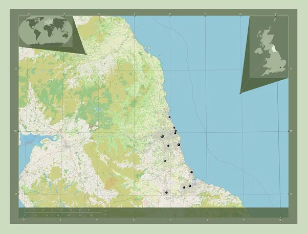 北東部 イギリスの地域 ストリートマップを開く 地域の主要都市の場所 コーナー補助位置図 — ストック写真