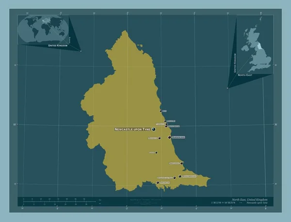 北東部 イギリスの地域 しっかりした色の形 地域の主要都市の位置と名前 コーナー補助位置図 — ストック写真