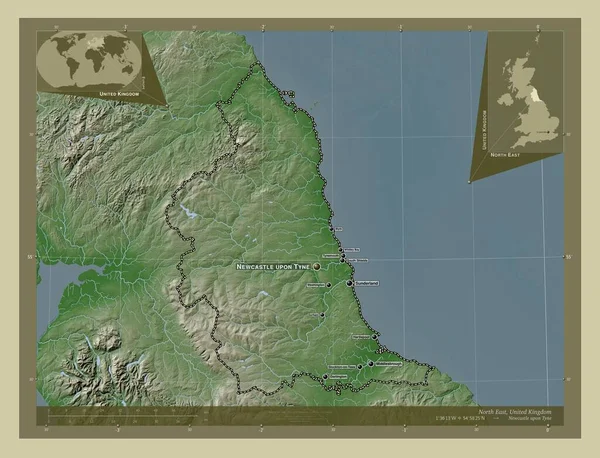 东北部 联合王国的一个地区 用Wiki风格绘制的带有湖泊和河流的高程地图 该区域主要城市的地点和名称 角辅助位置图 — 图库照片