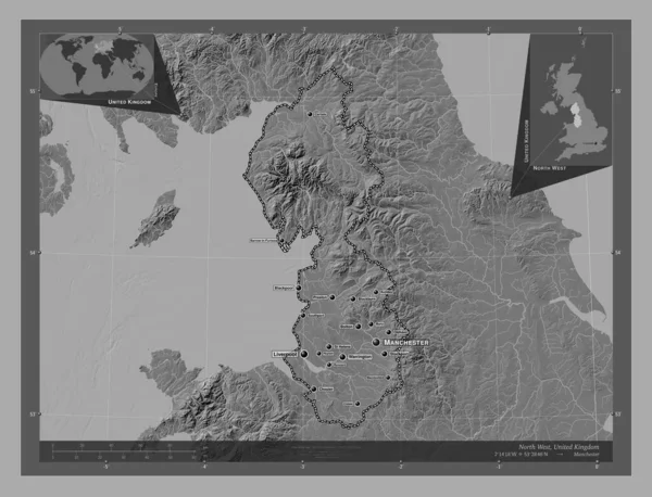 Noord West Regio Verenigd Koninkrijk Hoogteplattegrond Met Meren Rivieren Locaties — Stockfoto
