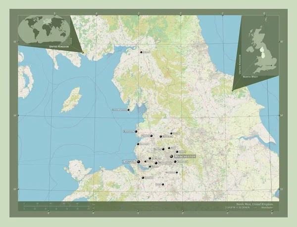 北西部 イギリスの地域 ストリートマップを開く 地域の主要都市の位置と名前 コーナー補助位置図 — ストック写真