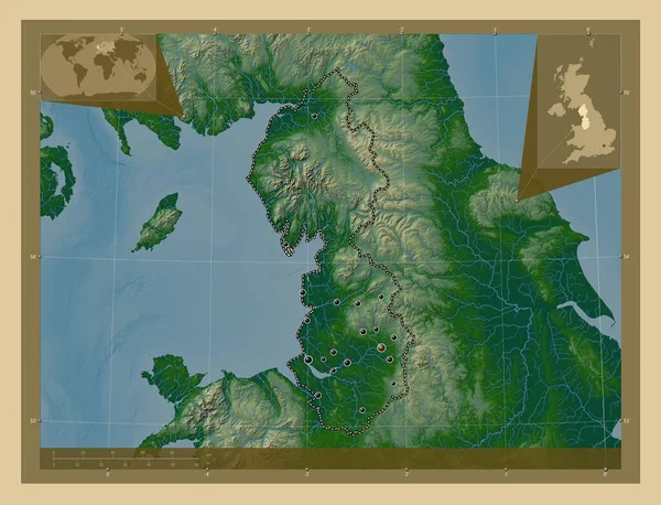 联合王国的一个地区 有湖泊和河流的彩色高程图 该区域主要城市的所在地点 角辅助位置图 — 图库照片