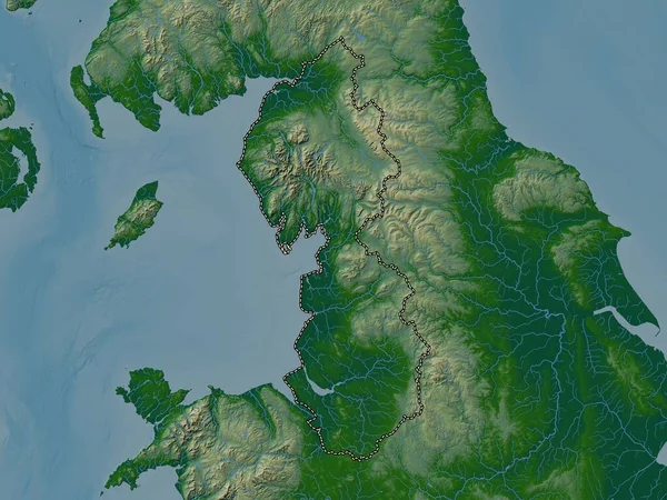 Północny Zachód Region Zjednoczonego Królestwa Kolorowa Mapa Wzniesień Jeziorami Rzekami — Zdjęcie stockowe