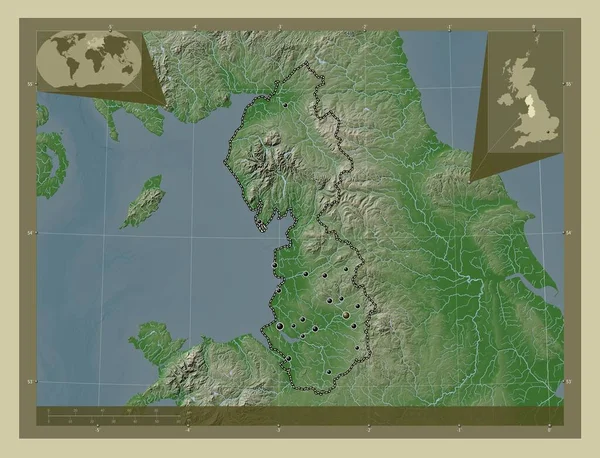 Północny Zachód Region Zjednoczonego Królestwa Mapa Wzniesień Kolorowa Stylu Wiki — Zdjęcie stockowe