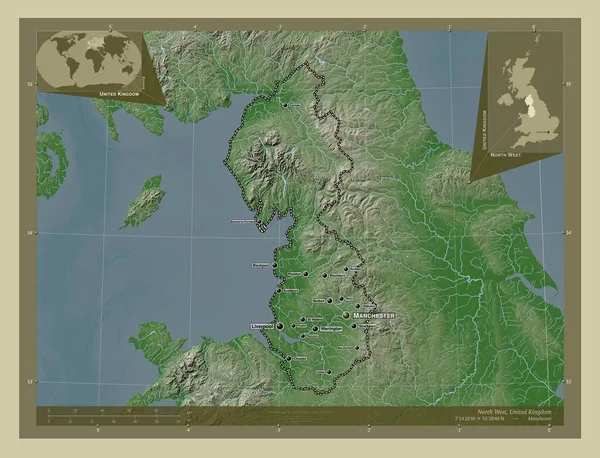 北西部 イギリスの地域 湖や川とWikiスタイルで着色された標高マップ 地域の主要都市の位置と名前 コーナー補助位置図 — ストック写真