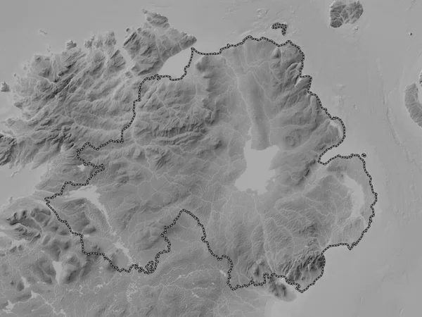Northern Ireland Region United Kingdom Grayscale Elevation Map Lakes Rivers — Stock Photo, Image