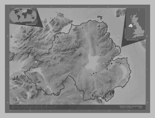 Nordirland Region Des Vereinigten Königreichs Graustufen Höhenkarte Mit Seen Und — Stockfoto