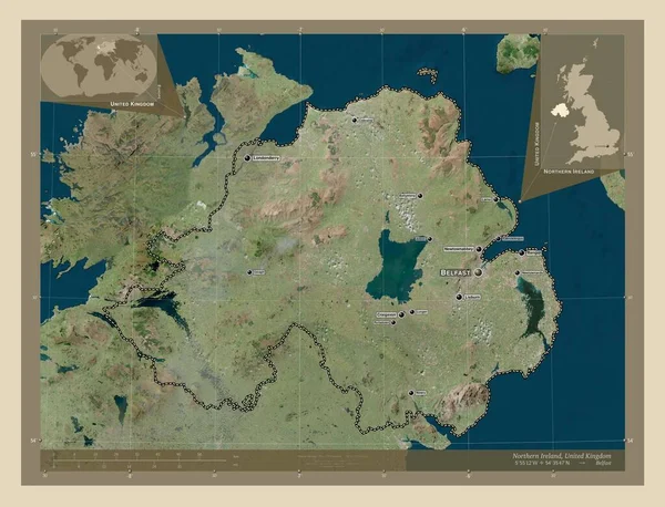 北爱尔兰 联合王国地区 高分辨率卫星地图 该区域主要城市的地点和名称 角辅助位置图 — 图库照片