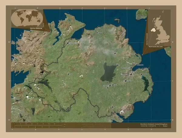 北爱尔兰 联合王国地区 低分辨率卫星地图 该区域主要城市的地点和名称 角辅助位置图 — 图库照片