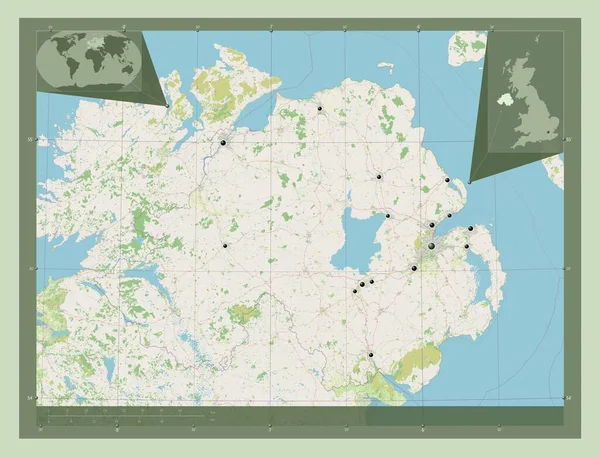 北爱尔兰 联合王国地区 开放街道地图 该区域主要城市的所在地点 角辅助位置图 — 图库照片