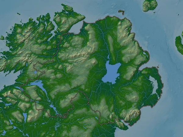 北爱尔兰 联合王国地区 带有湖泊和河流的彩色高程图 — 图库照片