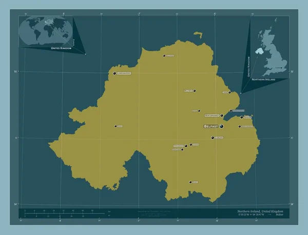 北爱尔兰 联合王国地区 固体的颜色形状 该区域主要城市的地点和名称 角辅助位置图 — 图库照片