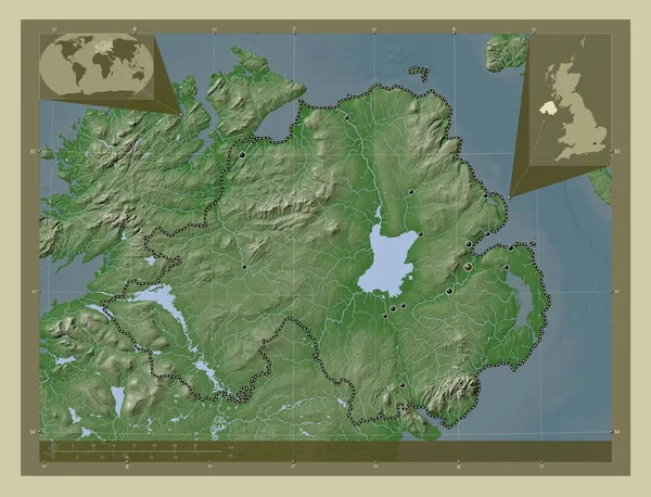 北爱尔兰 联合王国地区 用Wiki风格绘制的带有湖泊和河流的高程地图 该区域主要城市的所在地点 角辅助位置图 — 图库照片