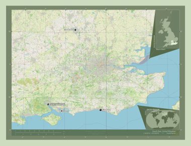 Güneydoğu, Birleşik Krallık bölgesi. Açık Sokak Haritası. Bölgenin büyük şehirlerinin yerleri ve isimleri. Köşedeki yedek konum haritaları