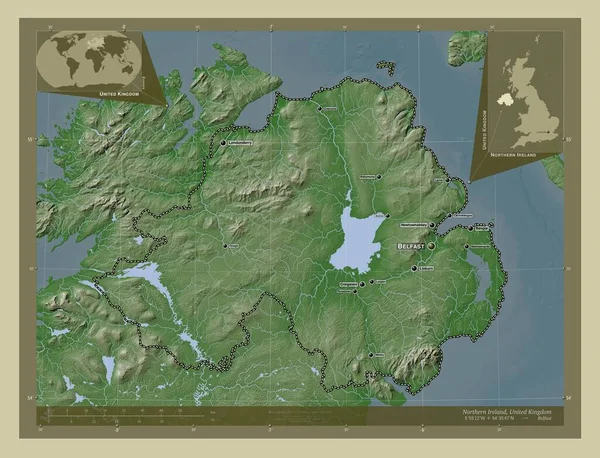 北爱尔兰 联合王国地区 用Wiki风格绘制的带有湖泊和河流的高程地图 该区域主要城市的地点和名称 角辅助位置图 — 图库照片