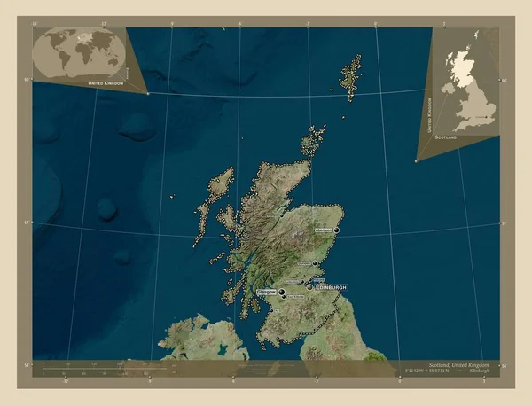 苏格兰 联合王国的一个地区 高分辨率卫星地图 该区域主要城市的地点和名称 角辅助位置图 — 图库照片