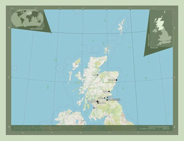 スコットランド 英国の領域 ストリートマップを開く 地域の主要都市の位置と名前 コーナー補助位置図 — ストック写真
