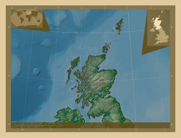 Шотландия Регион Соединенного Королевства Цветная Карта Высоты Озерами Реками Места — стоковое фото