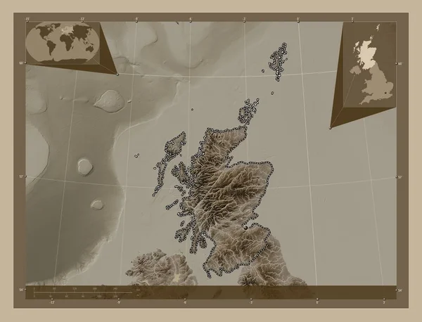 Escocia Región Del Reino Unido Mapa Elevación Coloreado Tonos Sepia —  Fotos de Stock