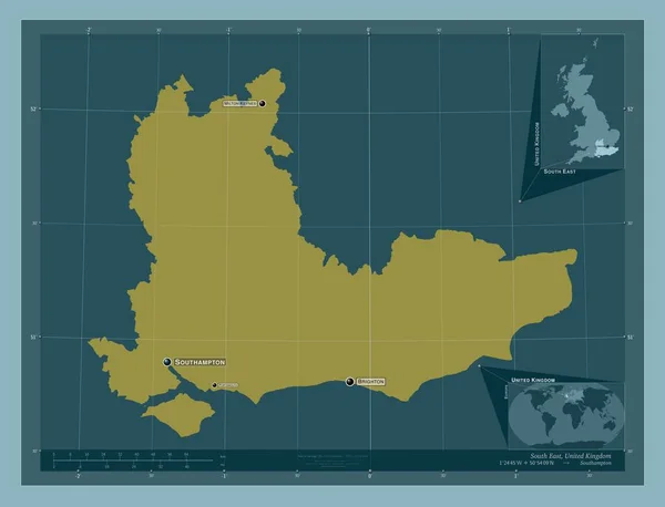 东南部 联合王国的一个地区 固体的颜色形状 该区域主要城市的地点和名称 角辅助位置图 — 图库照片