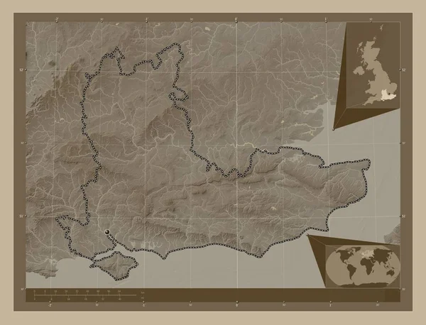 Jihovýchod Oblast Spojeného Království Zdvihová Mapa Zbarvená Sépiovými Tóny Jezery — Stock fotografie