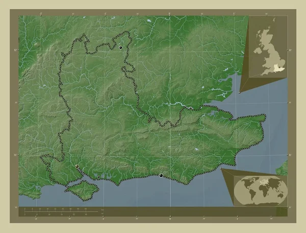 东南部 联合王国的一个地区 用Wiki风格绘制的带有湖泊和河流的高程地图 该区域主要城市的所在地点 角辅助位置图 — 图库照片