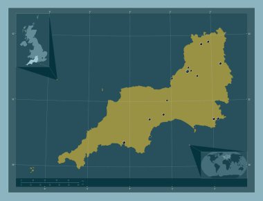 Güneybatı, Birleşik Krallık bölgesi. Katı renk şekli. Bölgenin büyük şehirlerinin yerleri. Köşedeki yedek konum haritaları